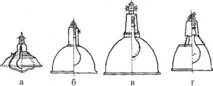 Світильники: а) НОБ -300 з лампою розжарювання, вибухозахищений; б) ПУ-100-вологозахиспий (промисловий); в) 