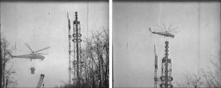 Монтаж антенно-лифтового ствола Харьковской телебашни. Снимок начала 1980-х годов