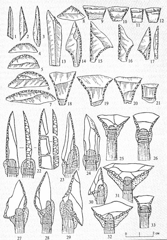 Крем'яні наконечники стріл у формі геометричних мікролітів (трикутників, трапецій, сегментів) та способи їх закріплення на древках стріл 