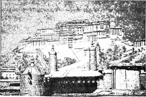 Описание: Потала — палац-монастир ем. Лхаса в Тибеті, резиденція Далай-лами