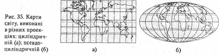Карти світу, виконані в різних проекціях: циліндричній і псевдоциліндричній