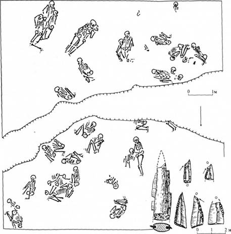 Мезолітичний могильник Василівка III. Загальний план, мікролітичні наконечники стріл, уламок кістяного наконечника з поховань