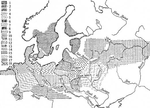 Схема поширення культур шнурової кераміки у Східній та Середній Європі