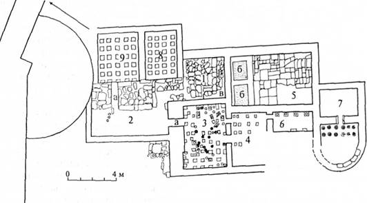 Схематичний план терм другої половини II — першої половини III ст. на території цитаделі Херсонеса 