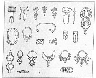 Срібні та бронзові прикраси зі слов'янських пам'яток V—VII (1) та VIII—IX ст. (2)