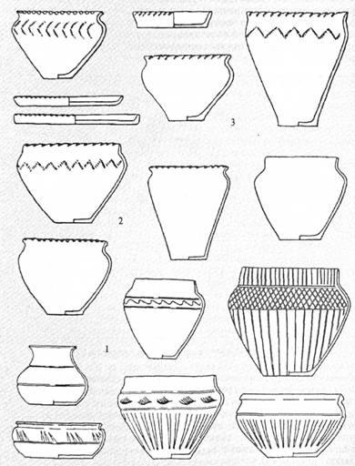 Гончарний посуд волинцевської культури (1); ліпна кераміка волинцевської (2) і роменської культур (3)